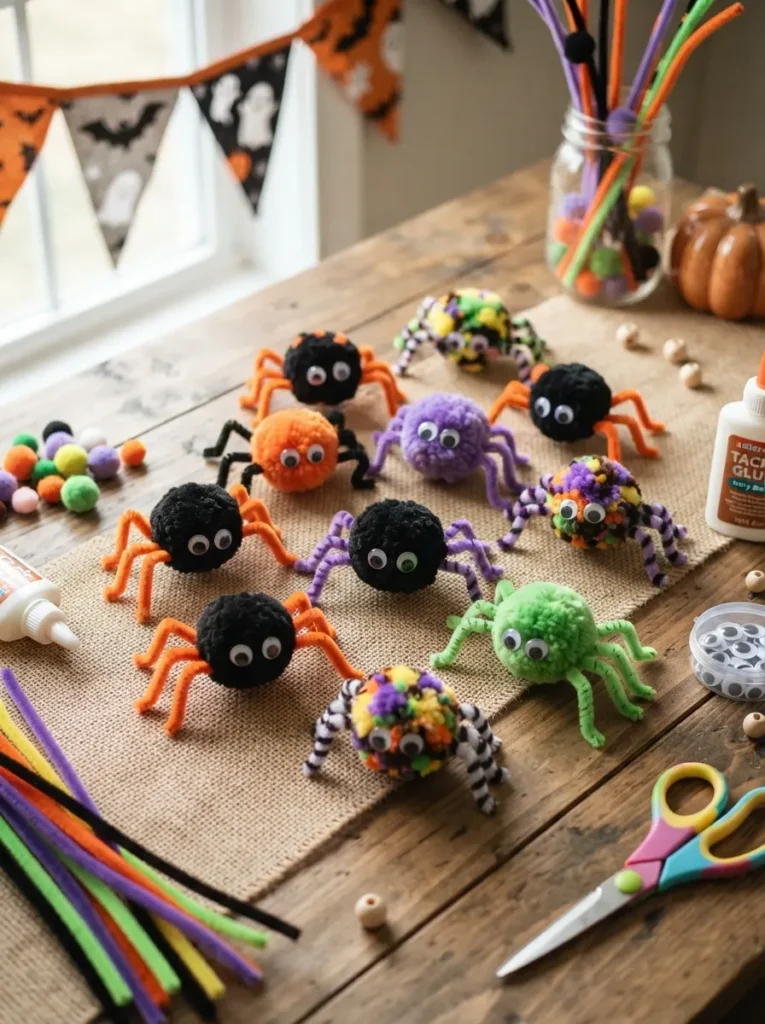![Halloween handprint tree craft with brown paper branches, colorful leaves, paper bats, pumpkins, and ghosts, created by children on dark purple construction paper, vertical Pinterest photography.]
