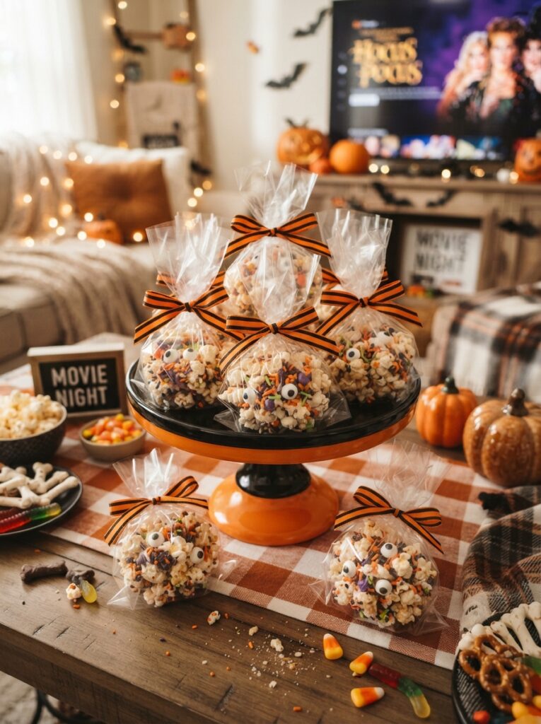![Mini Halloween mummy pizzas with tomato sauce, melted mozzarella strips, and black olive eyes, arranged on a baking tray for a cozy movie night, vertical Pinterest photography.]
