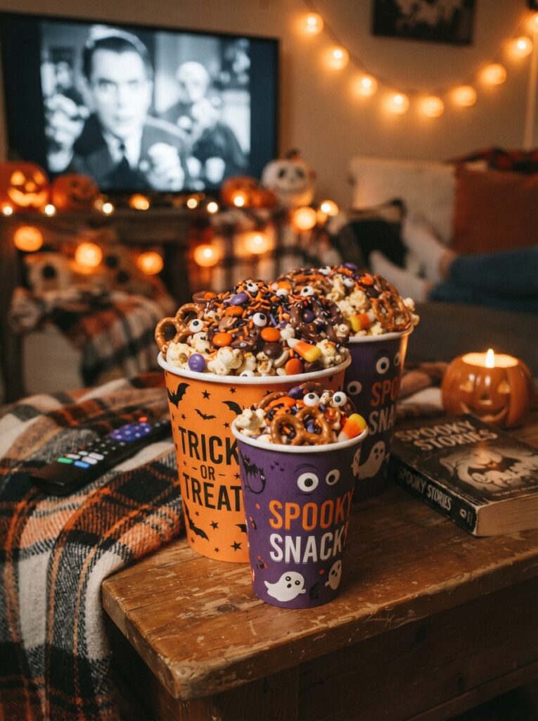 ![A Halloween popcorn snack mix with popcorn, pretzels, candy corn, chocolate candies, orange and purple sprinkles, served in festive paper cups, cozy movie night setting, vertical Pinterest photography.]