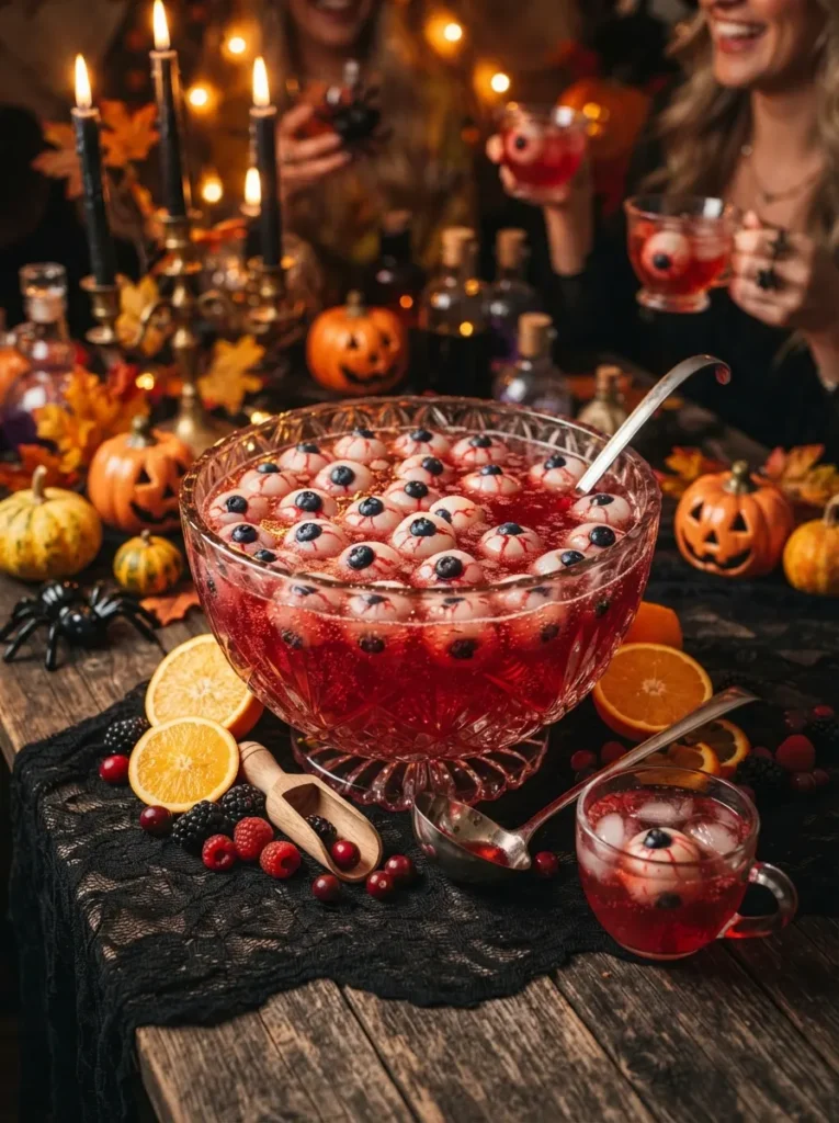 ![A large glass Halloween punch bowl filled with bright red fruit punch and sparkling bubbles, numerous spooky edible eyeballs floating on the surface made from peeled lychees and blueberries, orange slices and fresh berries around the bowl, dark Halloween party table with candles and pumpkins, dramatic warm lighting, playful creepy family-friendly atmosphere, realistic food photography, vertical Pinterest composition, no text.]