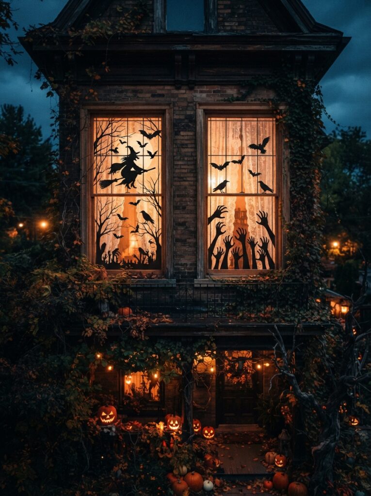 ![Halloween windows with backlit black silhouettes of bats, ravens, a witch, and skeletal hands behind sheer curtains, glowing warm interior light, spooky evening exterior, vertical Pinterest photography.]