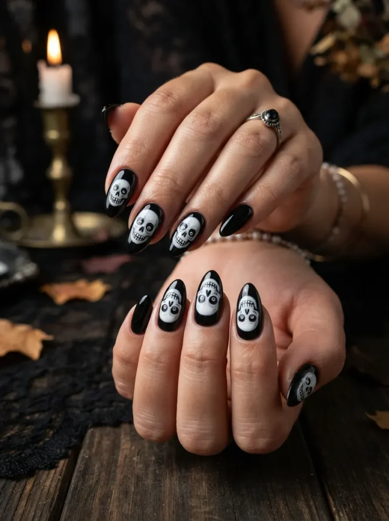 ![Modern Halloween cobweb French tip nails with delicate black spiderwebs across sheer nude nail tips, glossy almond manicure, vertical Pinterest beauty photography.]