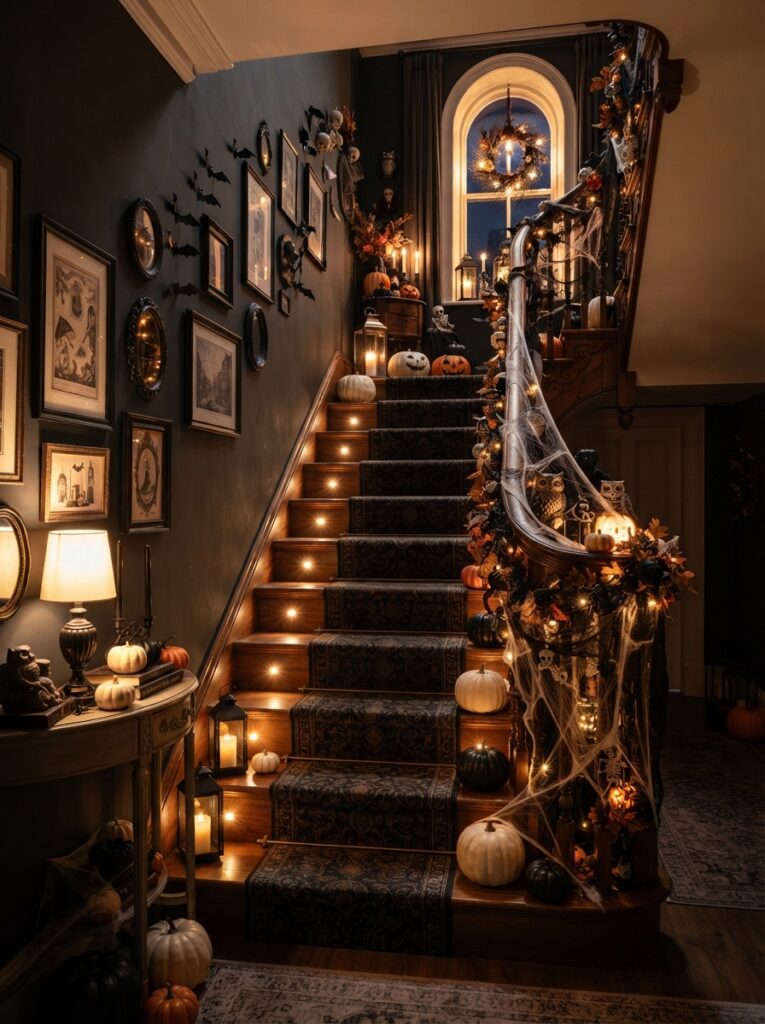 ![A Halloween staircase illuminated with small warm step lights, black cobwebs, dark railing decorations, and pumpkins, elegant spooky home interior, vertical Pinterest photography.]