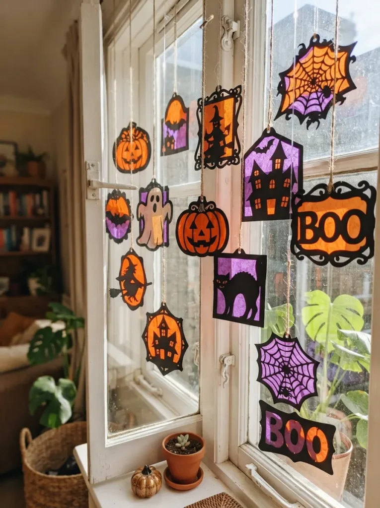![Colorful Halloween suncatchers made with black paper frames, orange and purple tissue paper, pumpkins, ghosts, and sunny windows, vertical Pinterest photography.]