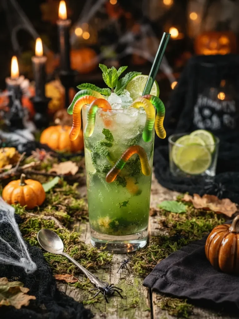 ![A playful Halloween swamp water mocktail served in a tall clear glass, murky bright green drink with lime juice, pineapple and sparkling water, crushed ice, fresh mint, lime wheels and gummy worms curling around the rim, rustic Halloween table with mossy green accents, tiny pumpkins and spider webs, dramatic but cheerful lighting, realistic food photography, vertical Pinterest composition, no text.]