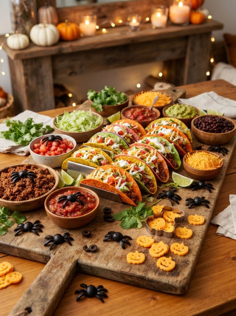 ![A Halloween family dinner featuring messy homemade sloppy joe sandwiches on toasted brioche buns, melted cheddar cheese cut into playful monster teeth and spooky shapes, black olive eyes, crispy potato wedges on the side, rustic wooden table decorated with small pumpkins and autumn leaves, warm family-friendly lighting, appetizing realistic food photography, vertical Pinterest composition, no text.]