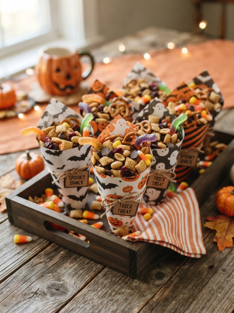 ![Chocolate-covered pretzel broomsticks with colorful Halloween sprinkles, arranged upright in a glass beside popcorn and candy, cozy spooky movie-night setting, vertical Pinterest photography.]