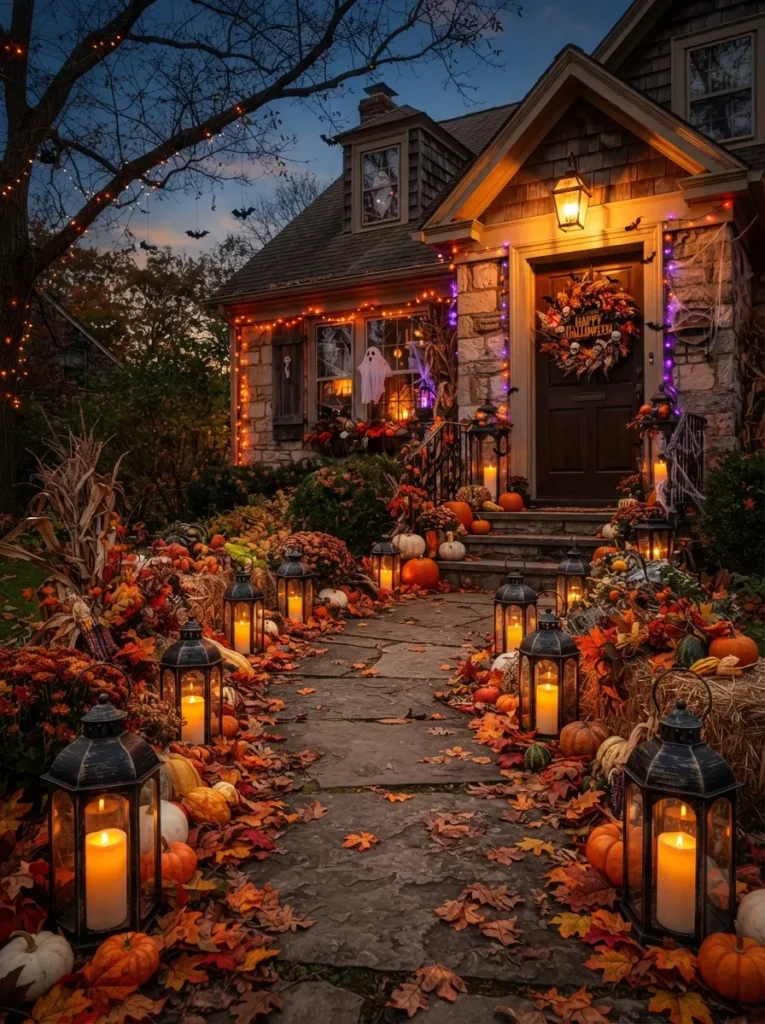 ![A Halloween walkway lined with distressed black lanterns containing flickering candles, surrounded by autumn leaves and small pumpkins, spooky front entrance, warm evening lighting, vertical Pinterest photography.]