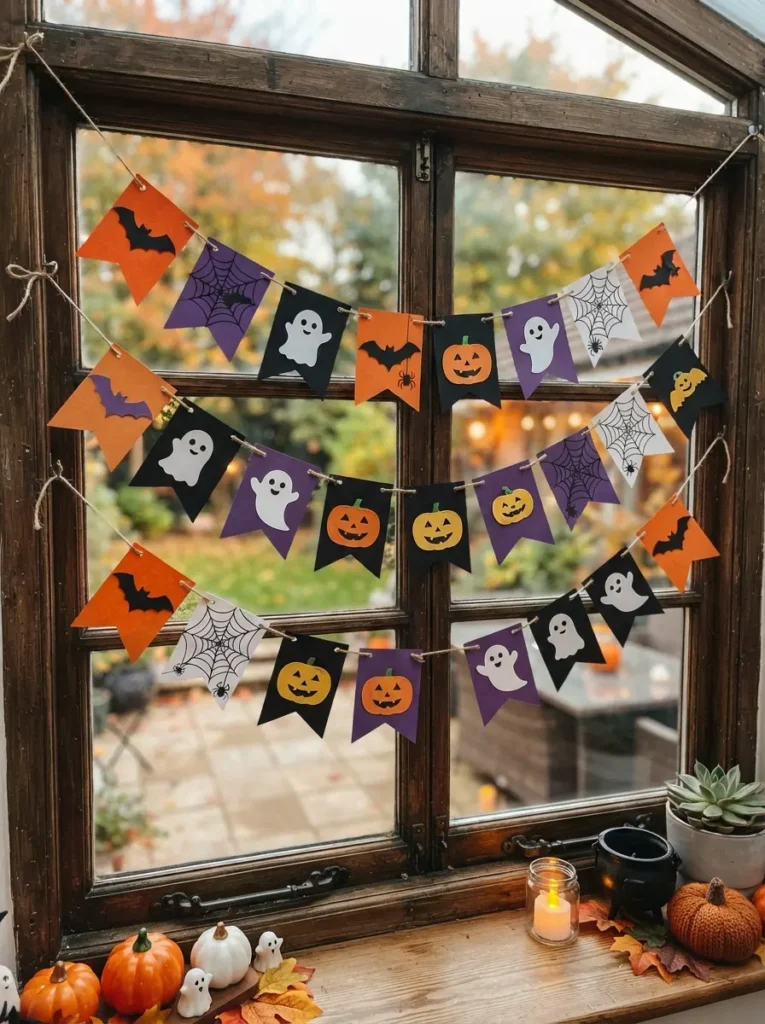 Halloween window bunting made from orange, black, purple, and white paper flags decorated with bats, ghosts, pumpkins, and spiderwebs, vertical Pinterest photography.