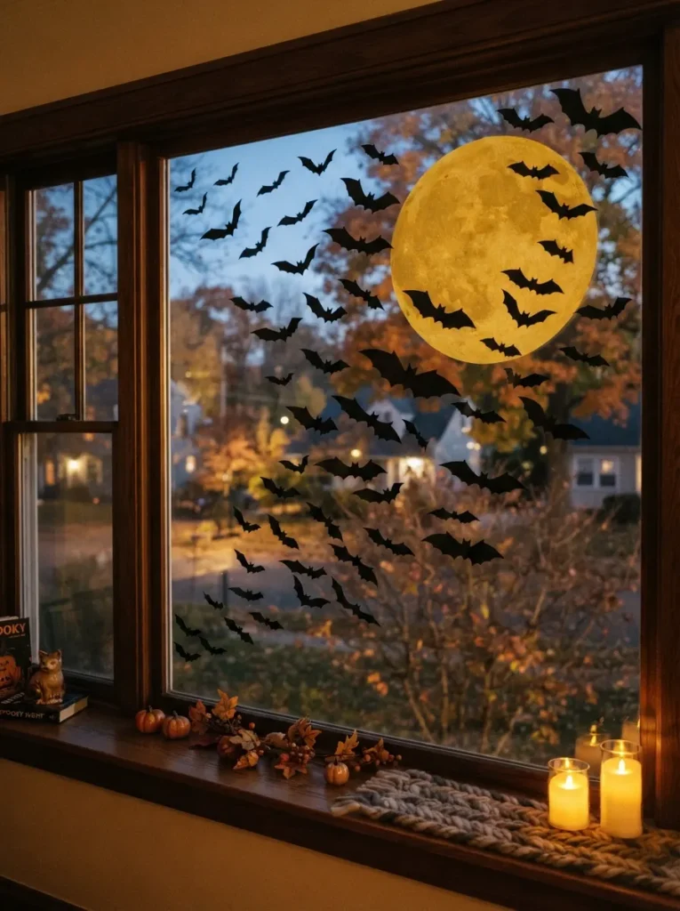 A Halloween window decorated with flying black paper bats in different sizes, a large yellow paper moon, and subtle autumn decorations, vertical Pinterest photography.