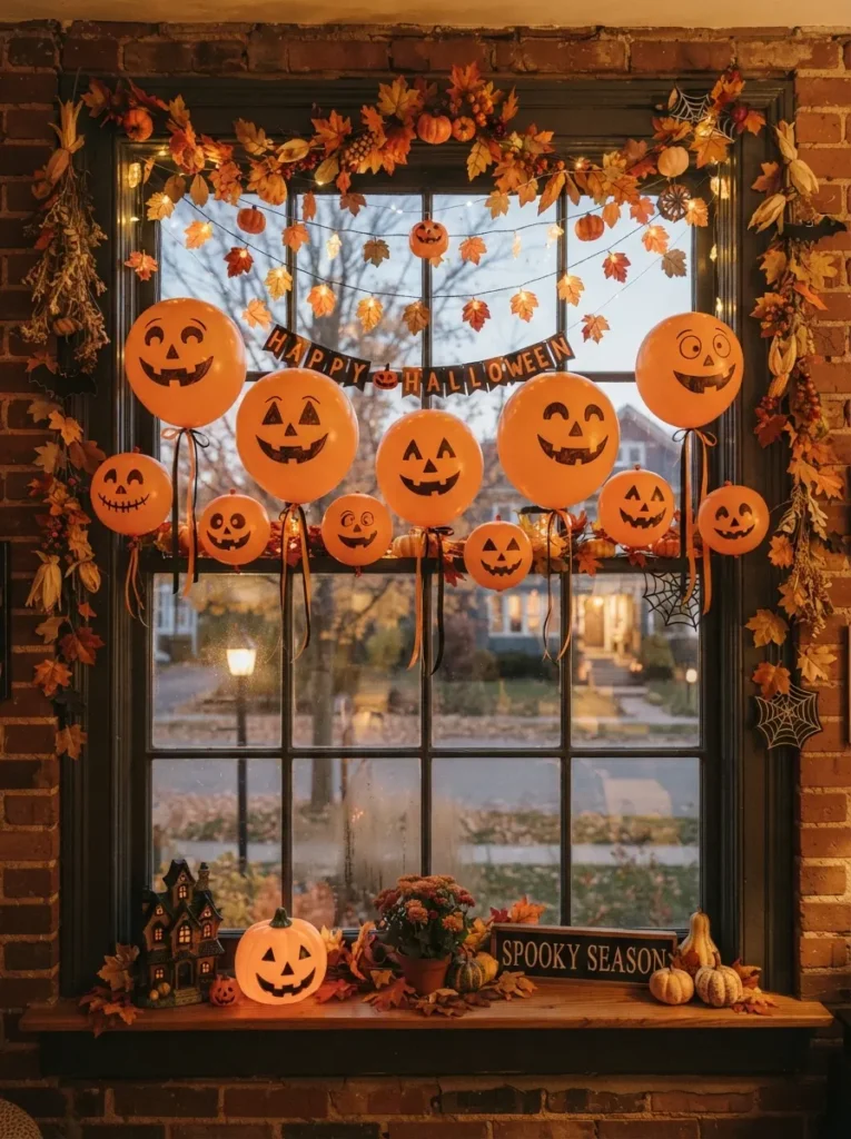 A Halloween window decorated with orange pumpkin balloons featuring different jack-o’-lantern faces, black ribbons, paper leaves, and colorful autumn accents, vertical Pinterest photography.