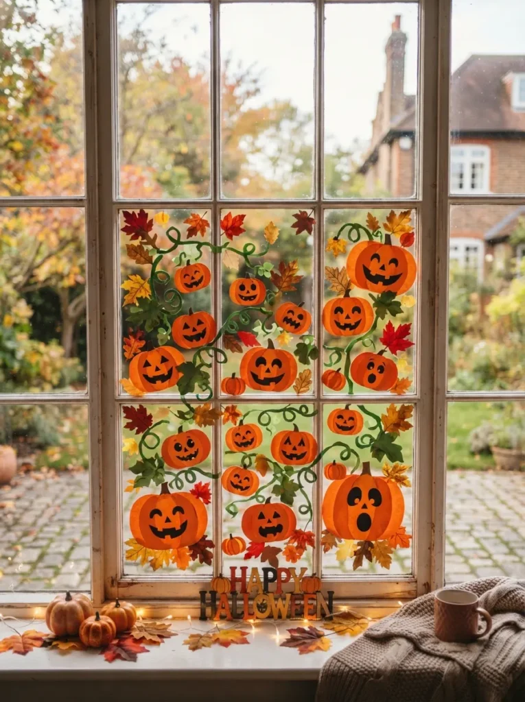 A Halloween window decorated with a paper pumpkin patch, orange pumpkins in different sizes, black faces, green vines, and colorful autumn leaves, vertical Pinterest photography.