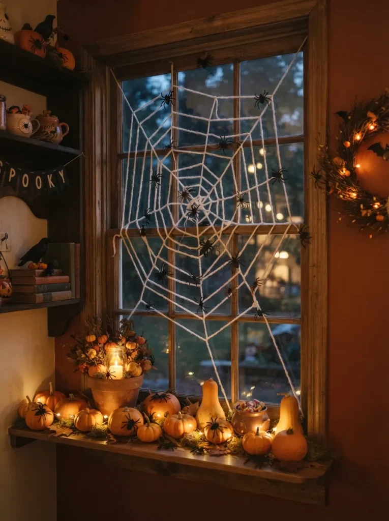A Halloween window corner decorated with a large white yarn spiderweb, black paper spiders, small orange pumpkins, and warm evening light, vertical Pinterest photography.