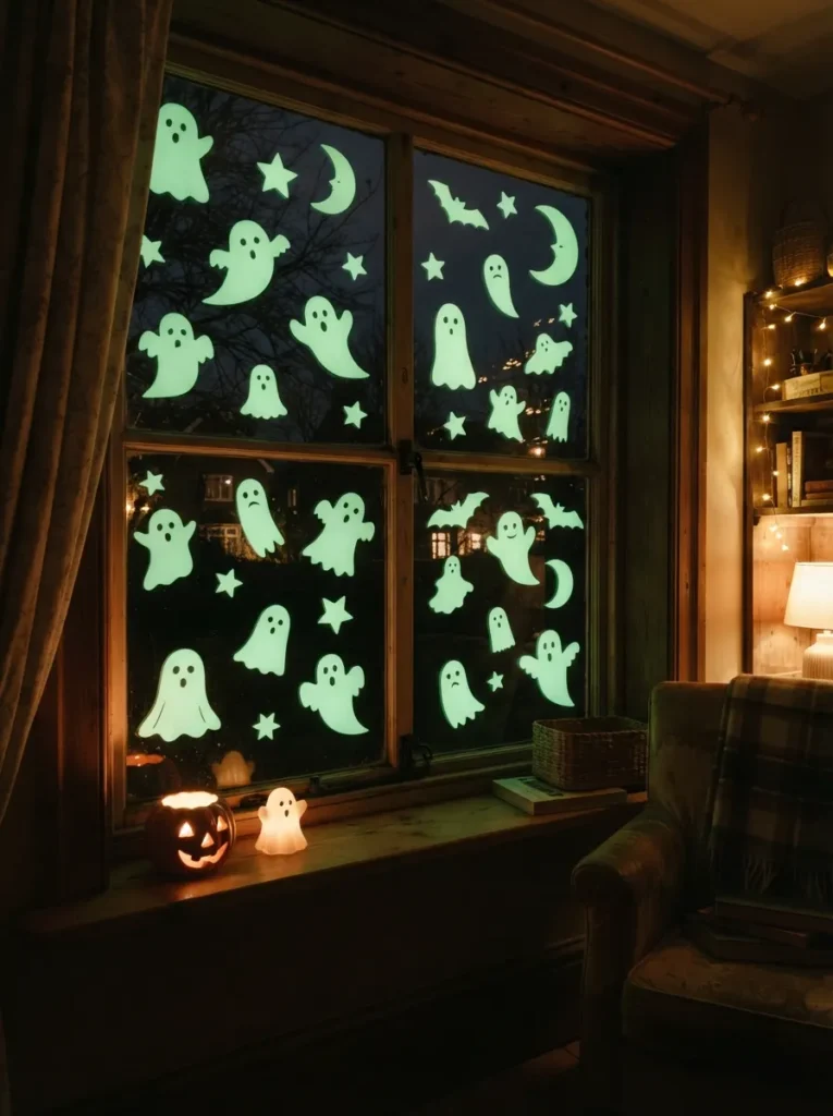 A Halloween window display with glow-in-the-dark paper ghosts, stars, moons, and bats on a dark background, softly glowing in a cozy room after sunset, vertical Pinterest photography.