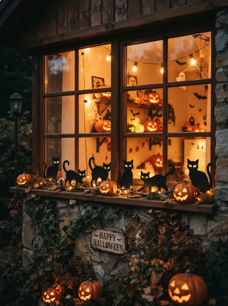 A Halloween window with black cat silhouettes along the bottom, glowing yellow paper eyes, pumpkins, and a soft warm light behind the display, vertical Pinterest photography.