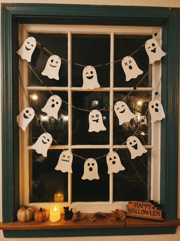 A Halloween window decorated with a handmade paper ghost garland, each ghost with a different silly face, white cardstock, black paper details, warm indoor lighting, vertical Pinterest photography.