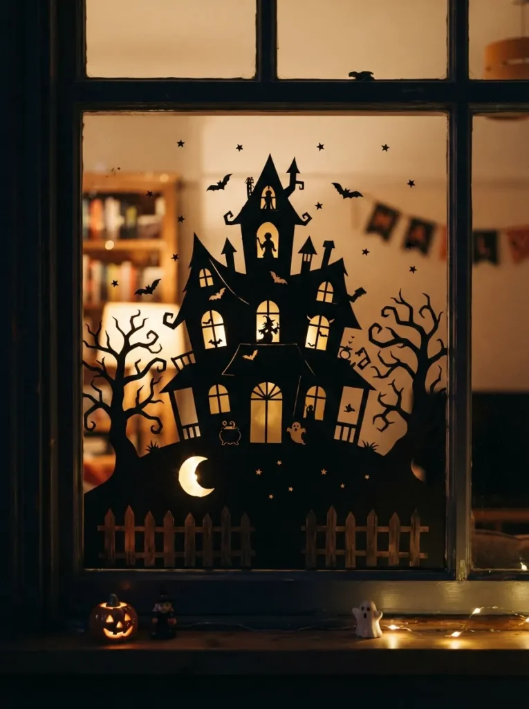 A Halloween window featuring a black paper haunted-house silhouette with crooked rooftops, yellow windows, bare trees, a fence, and a paper moon, vertical Pinterest photography.