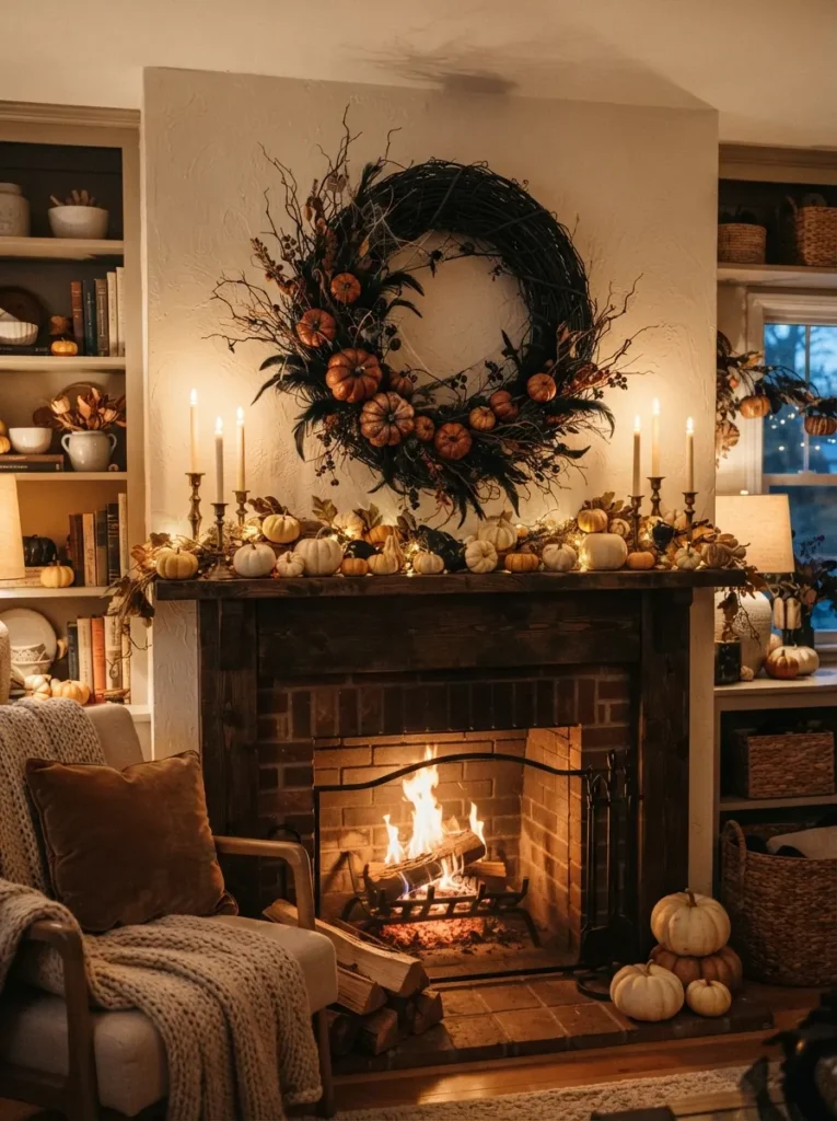 ![A large dramatic Halloween wreath hanging above a cozy fireplace mantel in a warm living room, black grapevine wreath decorated with small orange pumpkins, dried branches, black feathers and subtle spider webs, mantel covered with cream and orange pumpkins and glowing candles, warm autumn lighting, sophisticated spooky home decor, realistic interior photography, vertical Pinterest composition, no text.]
