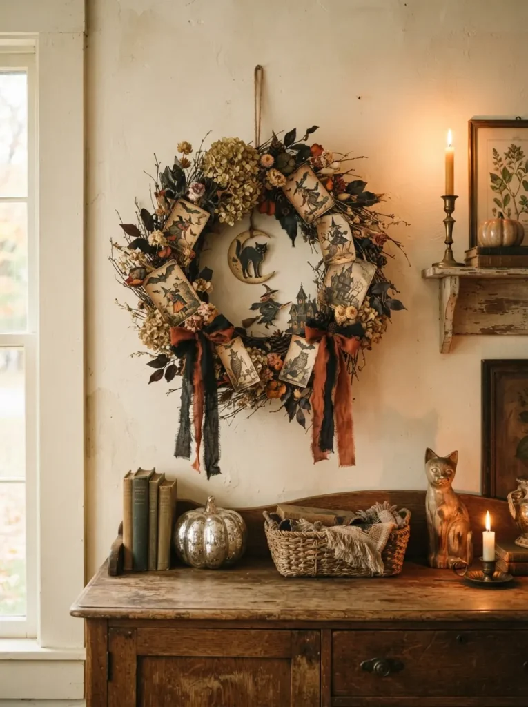 ![A vintage-inspired Halloween wreath displayed above a warm cream wall, circular base decorated with aged paper Halloween illustrations, faded black and rust-orange ribbons, dried flowers, brown twigs and antique-style black cat and moon motifs, nearby vintage furniture and candlelight, nostalgic autumn atmosphere, realistic editorial home decor photography, vertical Pinterest composition, no text.]