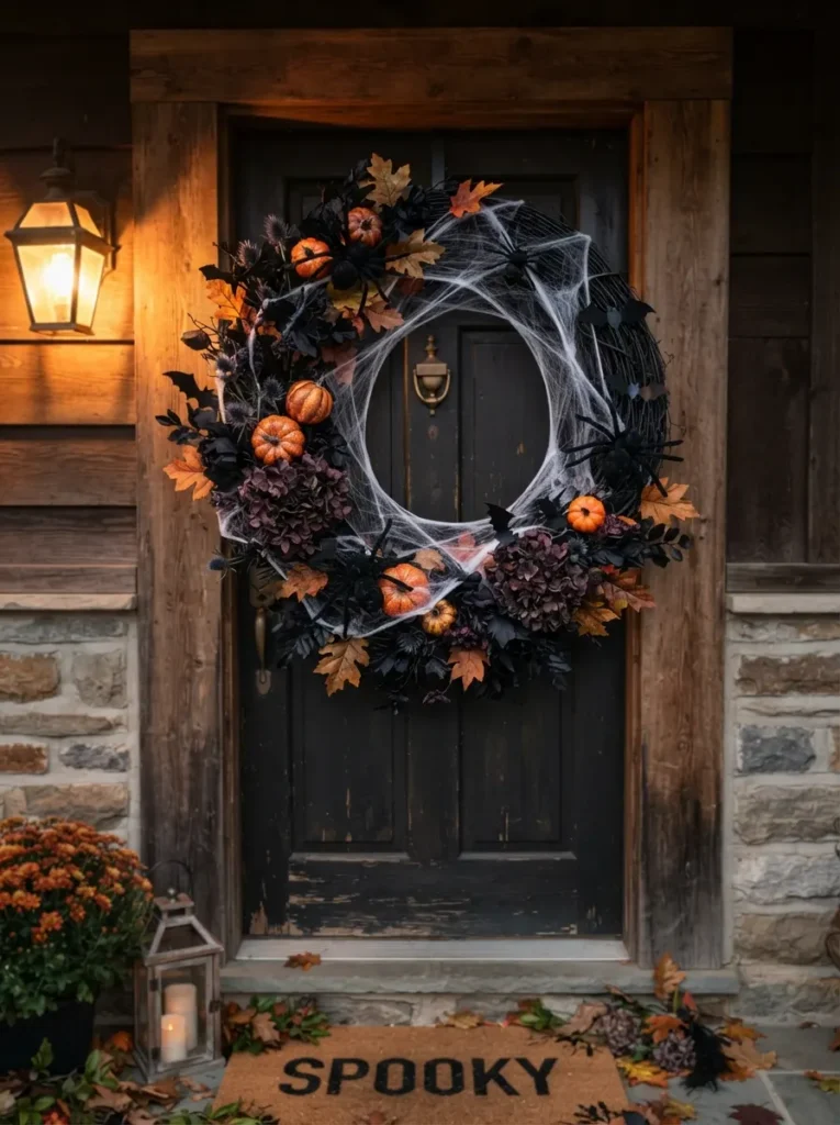 ![A dramatic DIY Halloween wreath hanging on a traditional front door, black grapevine base covered with wispy spider webs, realistic black spiders, small orange pumpkins, dark purple flowers and miniature bats, warm porch light illuminating the wreath, autumn leaves around the doorway, stylish but creepy Halloween decor, realistic photography, vertical Pinterest image, no text.]