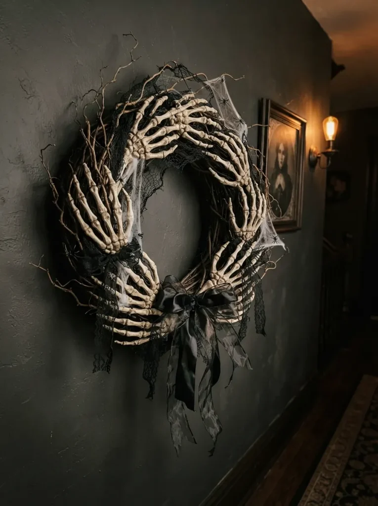 ![A creepy Halloween wreath made from multiple realistic-looking skeletal hands arranged around a dark circular wreath base, black ribbon, tangled spider webs and dried twisted branches woven between the hands, displayed on a dimly lit hallway wall, subtle warm lighting creating dramatic shadows, spooky but tasteful atmosphere, realistic photography, vertical Pinterest composition, no text.]
