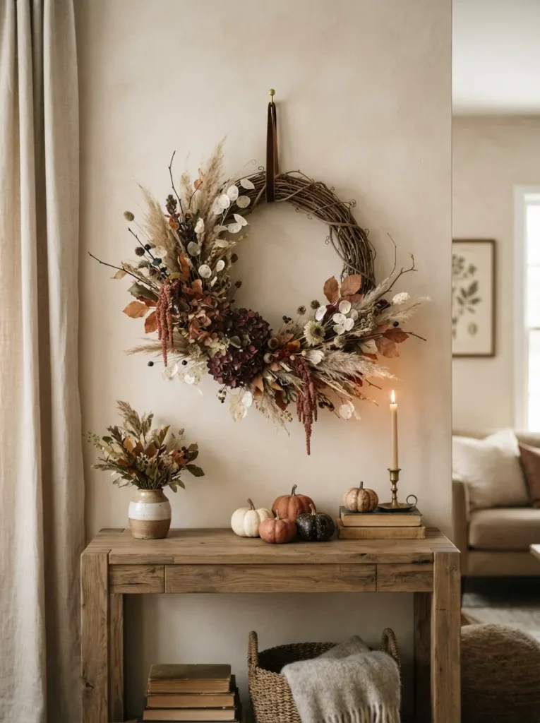 ![An elegant natural Halloween wreath made from dried grasses, pampas stems, burgundy flowers, muted rust leaves, cream seed pods and dark brown branches, loosely arranged around a partially exposed grapevine base, hanging on a warm neutral wall above a wooden console, soft afternoon light, sophisticated autumn decor, realistic photography, vertical Pinterest composition, no text.]
