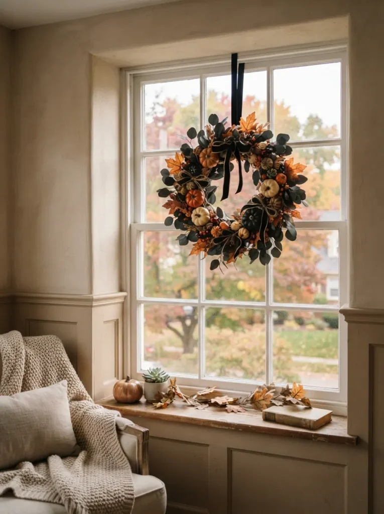![A cozy interior window decorated with a medium-sized Halloween wreath hanging from the upper window frame, wreath made of dark eucalyptus, dried orange leaves, black ribbon and tiny pumpkins, soft natural afternoon light coming through the glass, autumn trees visible outside, warm neutral room, elegant seasonal decor, realistic photography, vertical Pinterest composition, no text.]