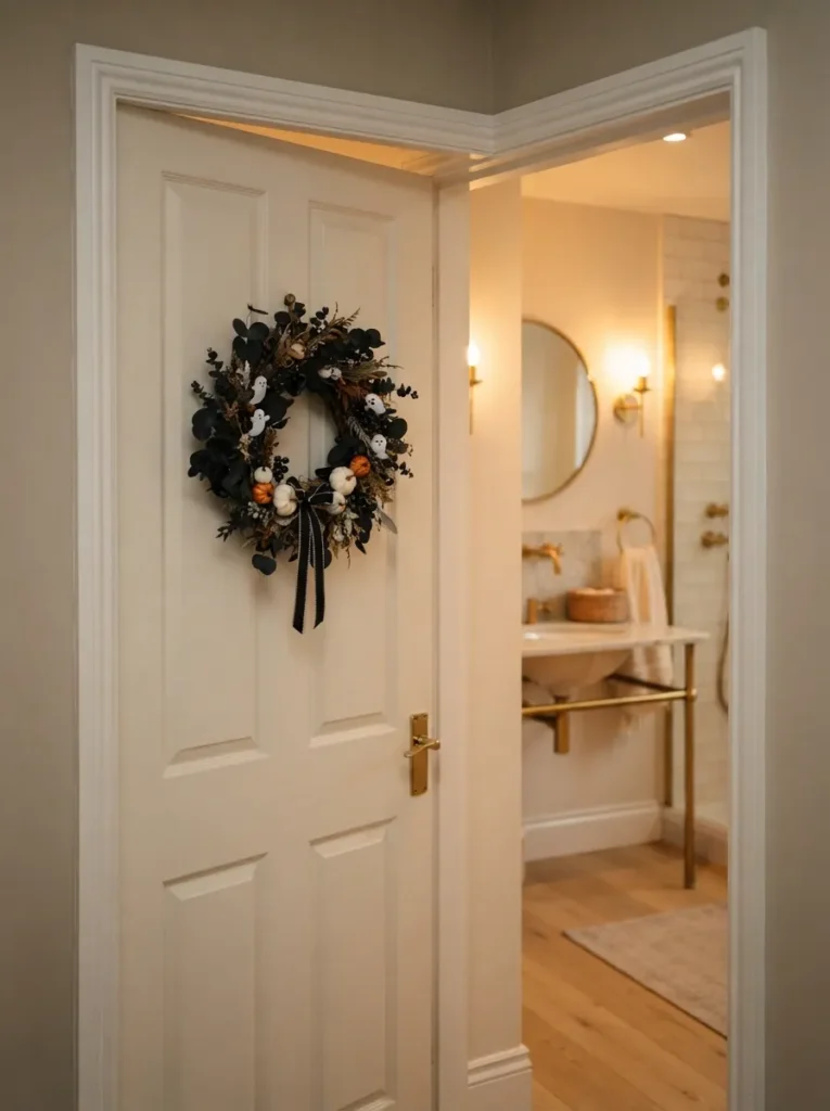 ![A stylish bathroom doorway decorated with a small Halloween wreath, wreath featuring black eucalyptus leaves, tiny white ghosts, miniature pumpkins and a narrow black ribbon, warm neutral bathroom visible through the doorway, brass fixtures and soft lighting, subtle cozy Halloween atmosphere, realistic interior photography, vertical Pinterest composition, no text.]