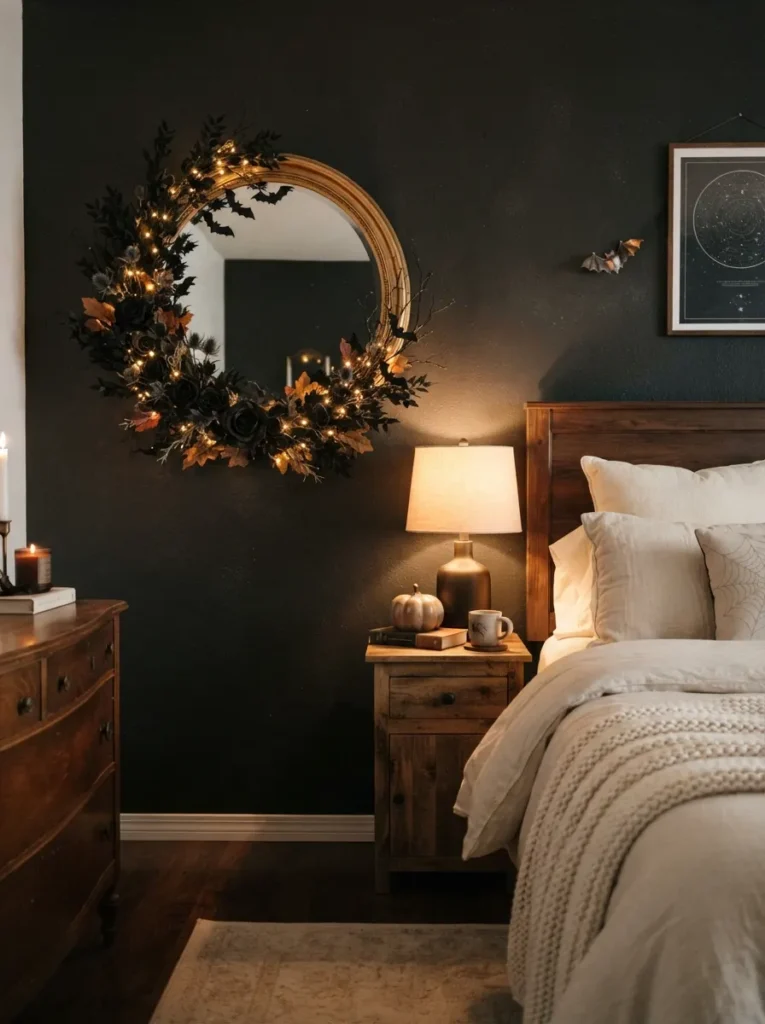 ![A cozy bedroom with a round decorative mirror adorned with a delicate black Halloween wreath, wreath featuring dried dark flowers, tiny black bats, warm fairy lights and subtle autumn foliage, soft cream bedding visible nearby, warm bedside lamp, moody but inviting atmosphere, elegant Halloween bedroom decor, realistic photography, vertical Pinterest image, no text.]