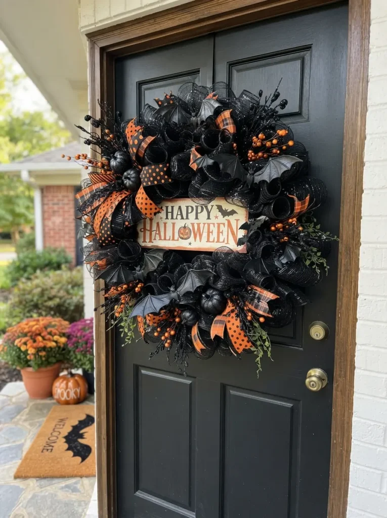 ![Full deco-mesh Halloween wreath covered in black mesh, plastic bats, and a festive sign on a black front door, daytime outdoor lighting, vertical Pinterest photography, bold-deco-mesh-wreath styling.]
