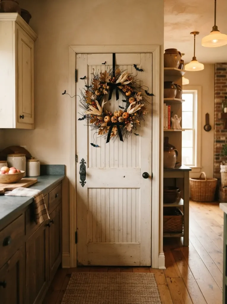 ![A charming kitchen pantry door decorated with a small playful Halloween wreath, miniature orange pumpkins, black velvet ribbon, dried corn husks, autumn leaves and tiny black bats arranged around the wreath, warm farmhouse kitchen surrounding it, wooden cabinets and soft golden lighting, cozy seasonal atmosphere, realistic photography, vertical Pinterest composition, no text.]
