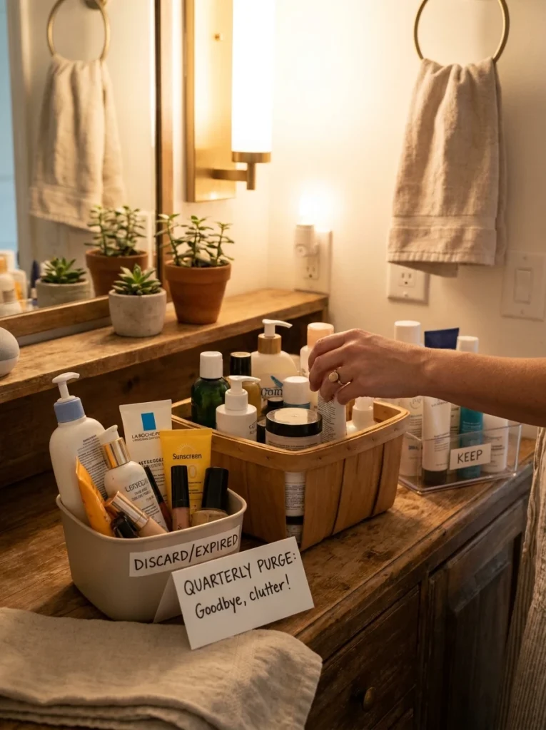 A hand sorting through bathroom products during a quarterly purge, expired items set aside, warm bathroom lighting, vertical Pinterest photography, warm purge-habit styling.