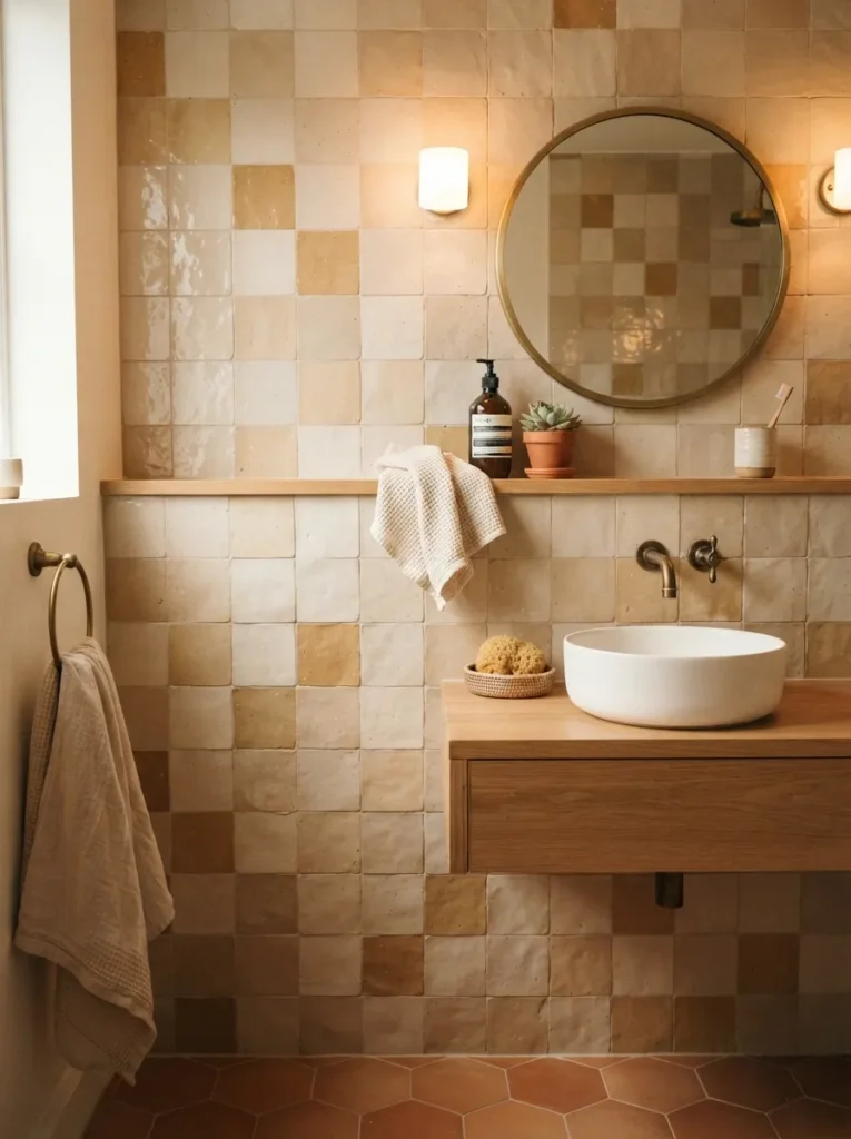 ![Handmade zellige tile in a bathroom, natural tonal variation visible, warm bathroom lighting, vertical Pinterest photography, warm zellige-variation styling.]