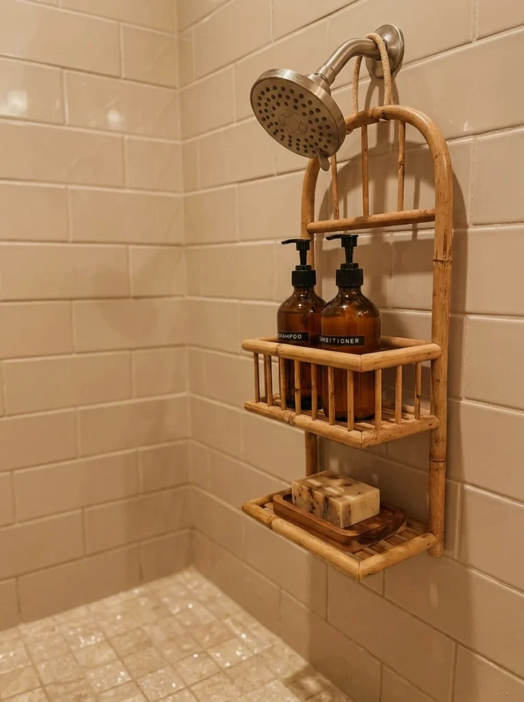 A hanging shower caddy holding shampoo and soap, shower floor clear below, warm bathroom lighting, vertical Pinterest photography, warm hanging-caddy styling.