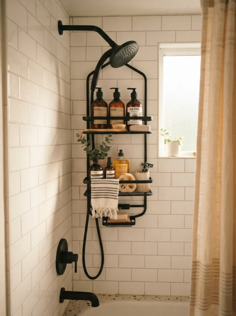 A hanging shower caddy in a rental bathroom, matching the finish of other hardware in the room, warm bathroom lighting, vertical Pinterest photography, warm caddy-storage styling.