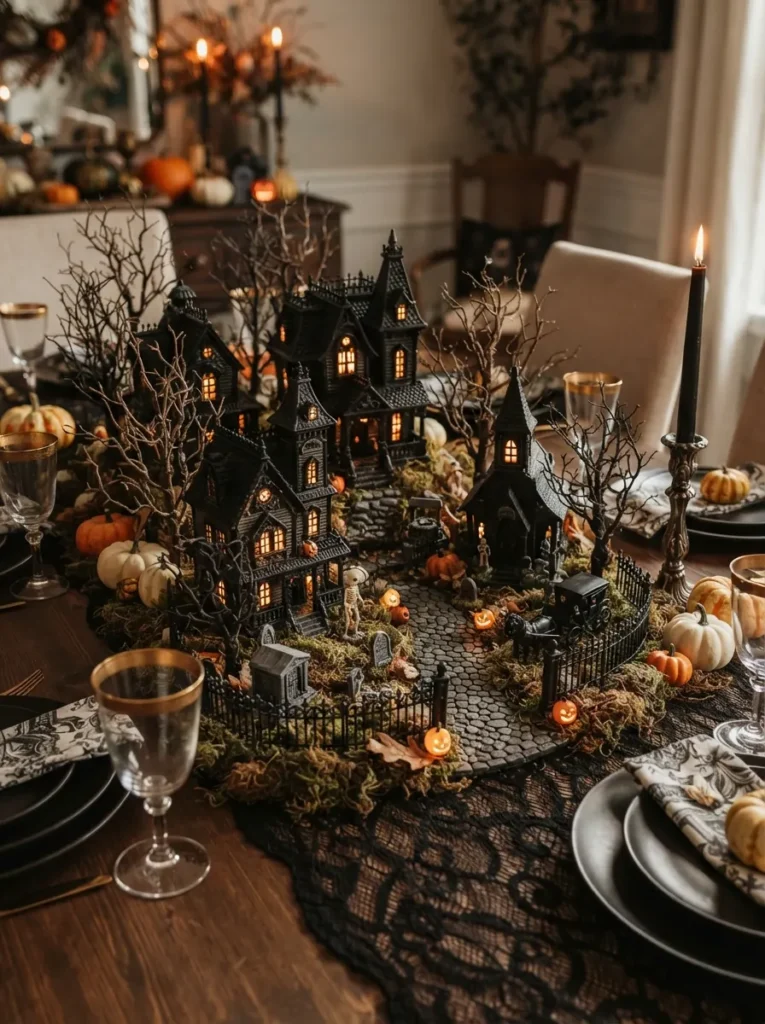 ![A decorative Halloween centerpiece with dark grapes, figs, pomegranates, pears, rosemary, and autumn leaves in an antique bowl, elegant dinner party styling, warm candlelight, vertical Pinterest photography.]