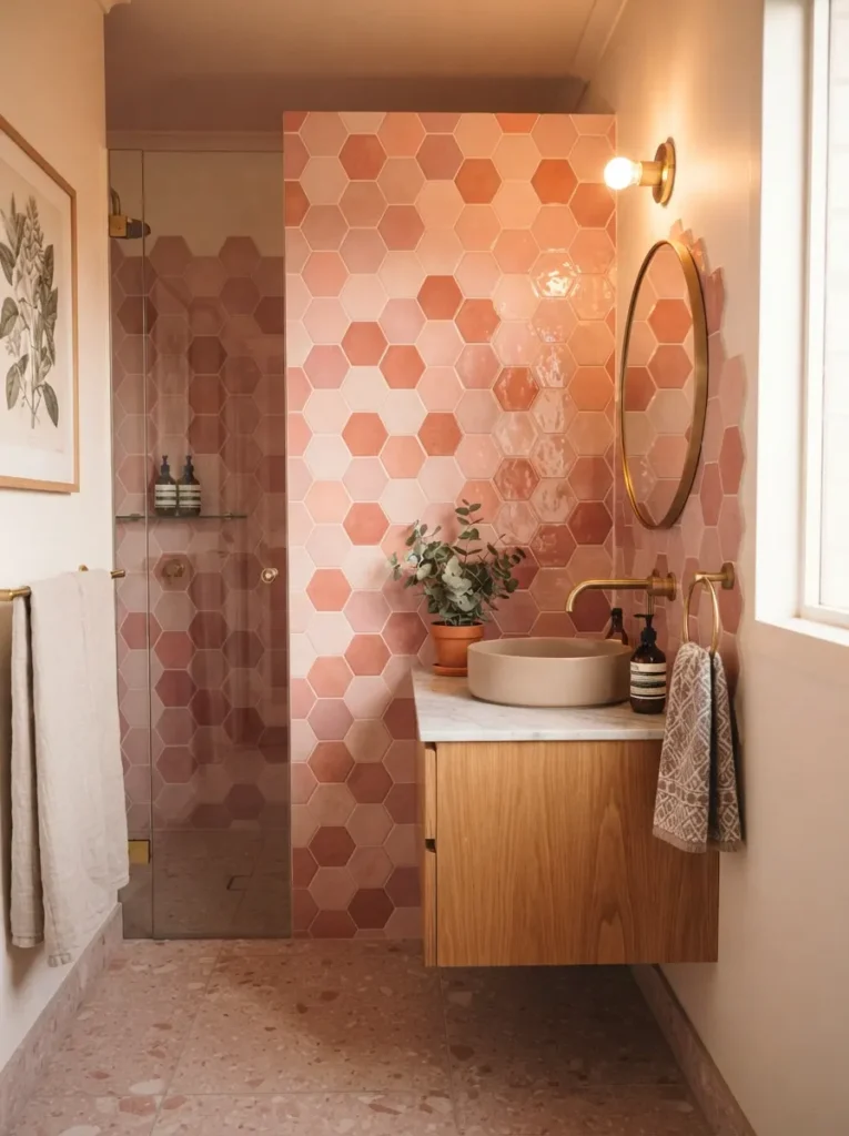 ![Hexagon tile in a dappled mix of pink shades in a bathroom, adding visual dynamism, warm bathroom lighting, vertical Pinterest photography, warm hexagon-pink-tile styling.]