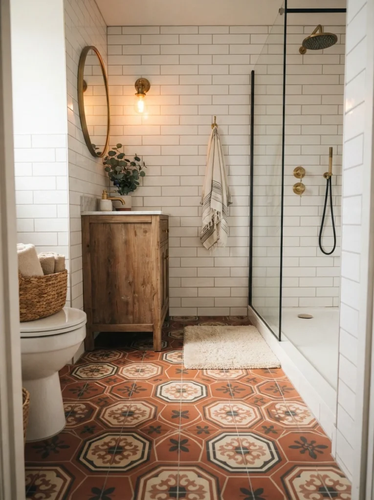 Hexagon patterned floor tile installed in a small bathroom, replacing plain white square tile, warm bathroom lighting, vertical Pinterest photography, warm hexagon-tile styling.