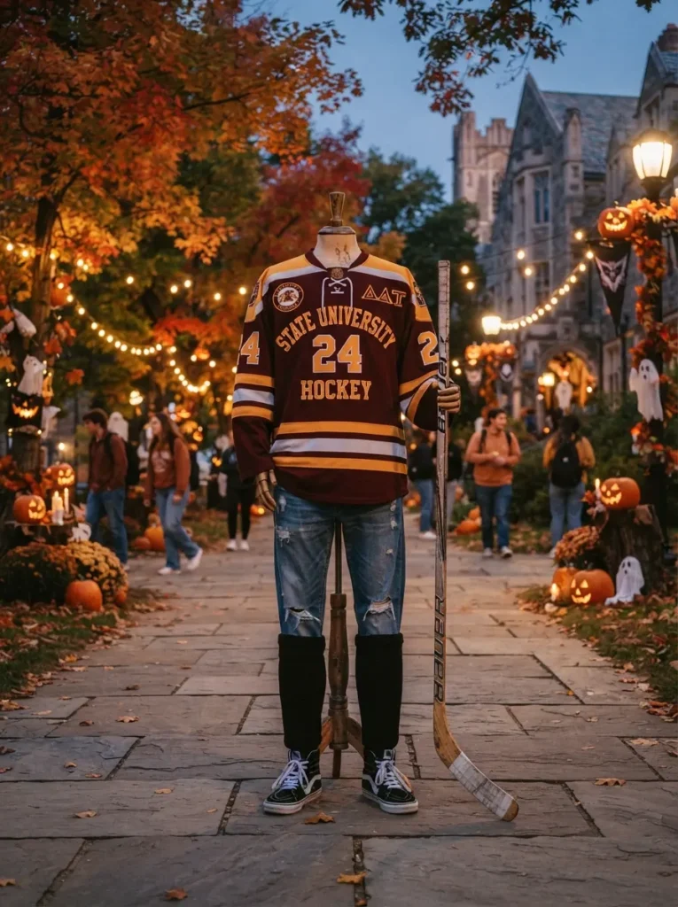 ![Off Campus inspired Halloween costume, young man wearing a Briar University style hockey jersey with jeans and sneakers, carrying a hockey stick, college campus setting decorated for Halloween, autumn trees and warm evening lighting, realistic photography, vertical Pinterest composition, no text.]