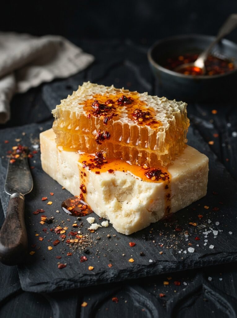 ![A rustic slab of golden honeycomb resting on a wedge of white cheddar cheese, heavily drizzled with bright red chili oil dripping down the sides, dark background, vertical Pinterest photography, vampire bite charcuterie styling.]