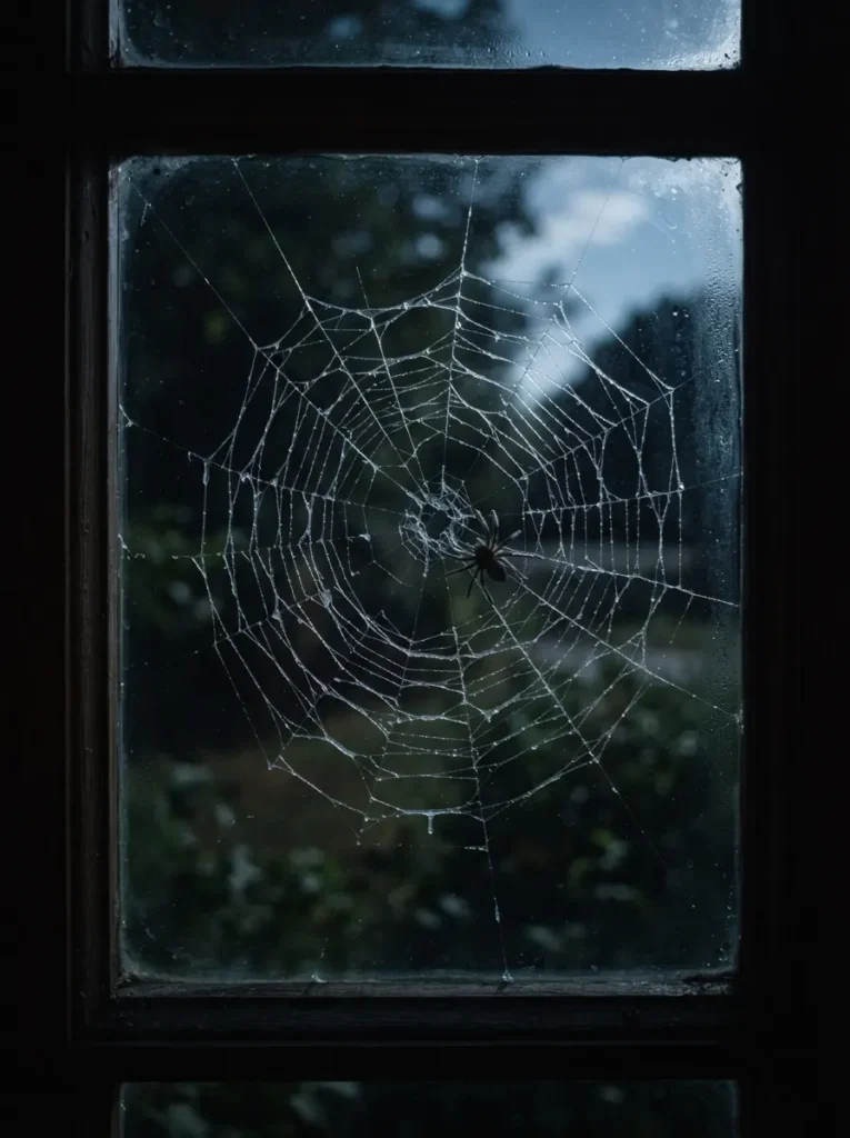![Delicate hot-glue spiderweb stretched across a dark window pane with a plastic spider, cool moonlight effect, vertical Pinterest photography, intricate-glue-web styling.]