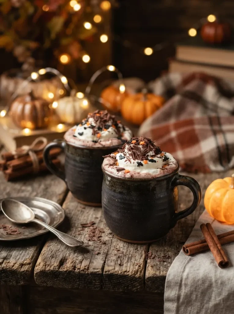 ![A cozy Halloween red velvet hot chocolate served in two dark ceramic mugs, rich deep-red creamy hot chocolate topped with fluffy whipped cream, chocolate shavings and tiny black-and-orange Halloween sprinkles, mugs sitting on a rustic wooden table with cinnamon sticks, pumpkins and warm fairy lights, cozy October evening atmosphere, appetizing realistic beverage photography, vertical Pinterest composition, no text.]