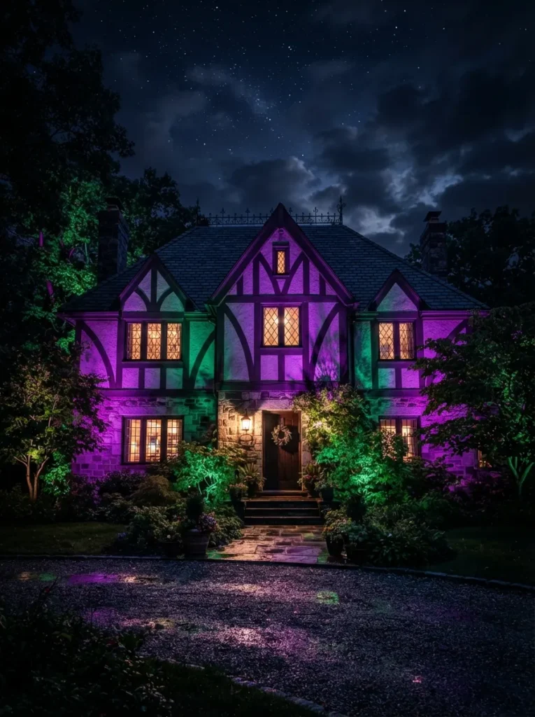 ![A traditional home exterior completely washed in deep, theatrical purple and green light from concealed smart landscape floodlights, dramatic night sky, vertical Pinterest photography, atmospheric theatrical lighting styling.]