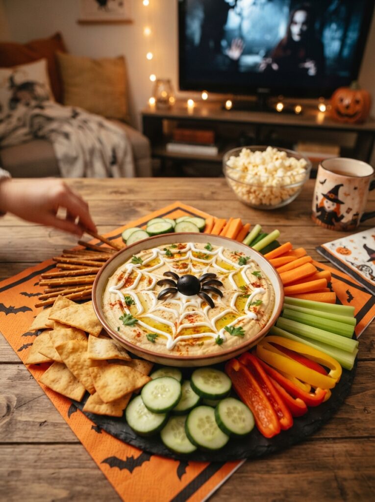 ![Halloween popcorn balls decorated with candy eyes and colorful sprinkles, individually wrapped with orange and black ribbon, arranged on a movie-night snack table, vertical Pinterest photography.]