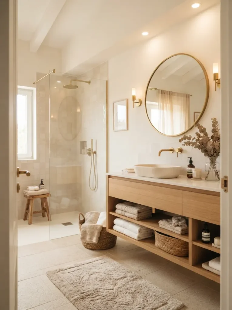 ![A bathroom in light neutral tones, reflecting light and appearing more spacious, warm bathroom lighting, vertical Pinterest photography, warm light-tone styling.]