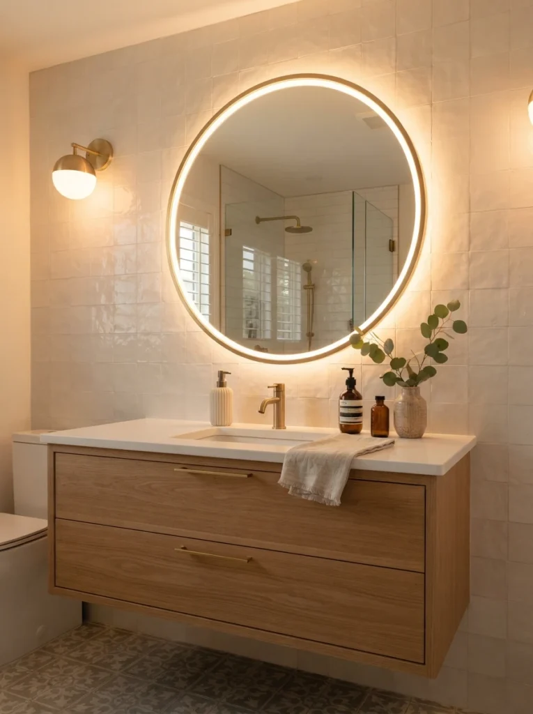 A backlit LED mirror above a bathroom vanity, replacing a dated medicine cabinet, warm bathroom lighting, vertical Pinterest photography, warm backlit-mirror styling.