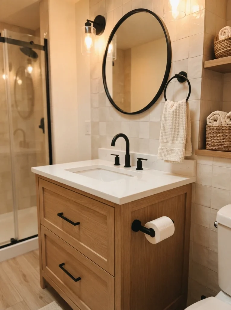 Matte black hardware and faucet installed in a small bathroom, replacing basic builder-grade silver fixtures, warm bathroom lighting, vertical Pinterest photography, warm hardware-upgrade styling.
