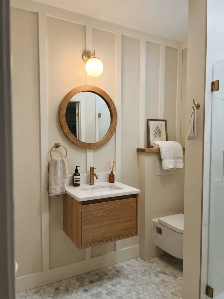 A DIY board-and-batten accent wall installed in a small bathroom, replacing a plain blank wall, warm bathroom lighting, vertical Pinterest photography, warm board-and-batten styling.