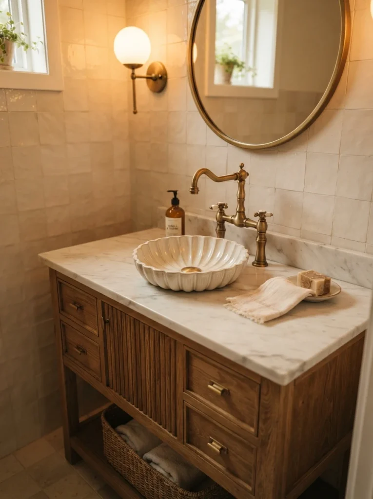 A statement faucet installed on a small bathroom vanity, replacing a basic builder-grade version, warm bathroom lighting, vertical Pinterest photography, warm statement-faucet styling.