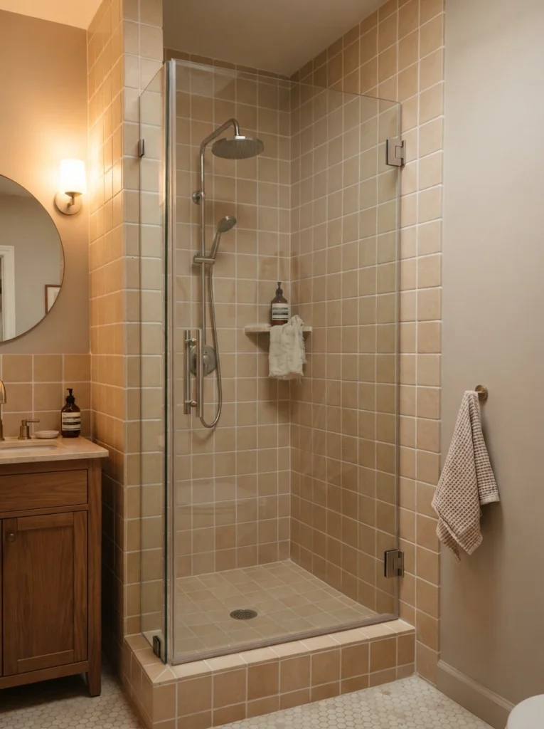 A frameless glass shower door installed on an otherwise unchanged shower enclosure, modern update at low cost, warm bathroom lighting, vertical Pinterest photography, warm frameless-swap styling.